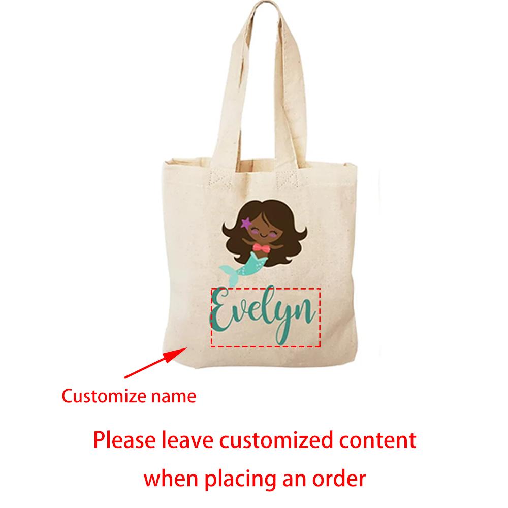 

Custom Mermaid Treat Tote Bags Canvas Favor Bag Mermaid Theme Party Decoration Supplies Back To School Birthday Baby Shower Gift 1Pcs 20x22cm