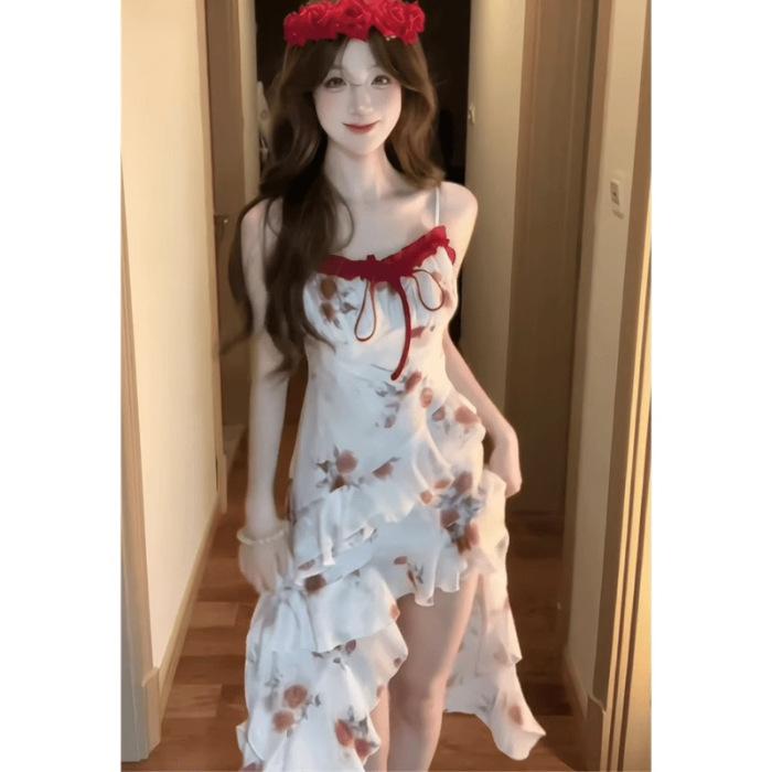 French design lace-up smudged floral suspender dress women s summer irregular hem lace lace slim skirt S