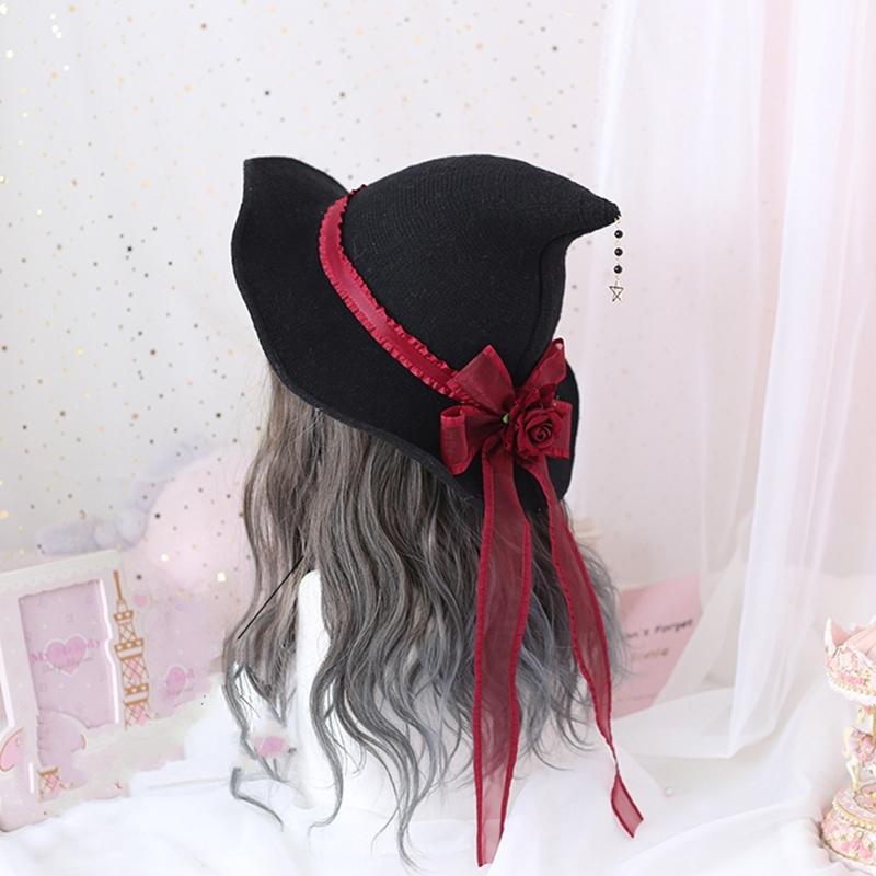 Black Curved Cone Witch Hat Gothic Lolita Women Cosplay Dress Hat Accessories Halloween Party Magical Clown Wizard Hat Decor