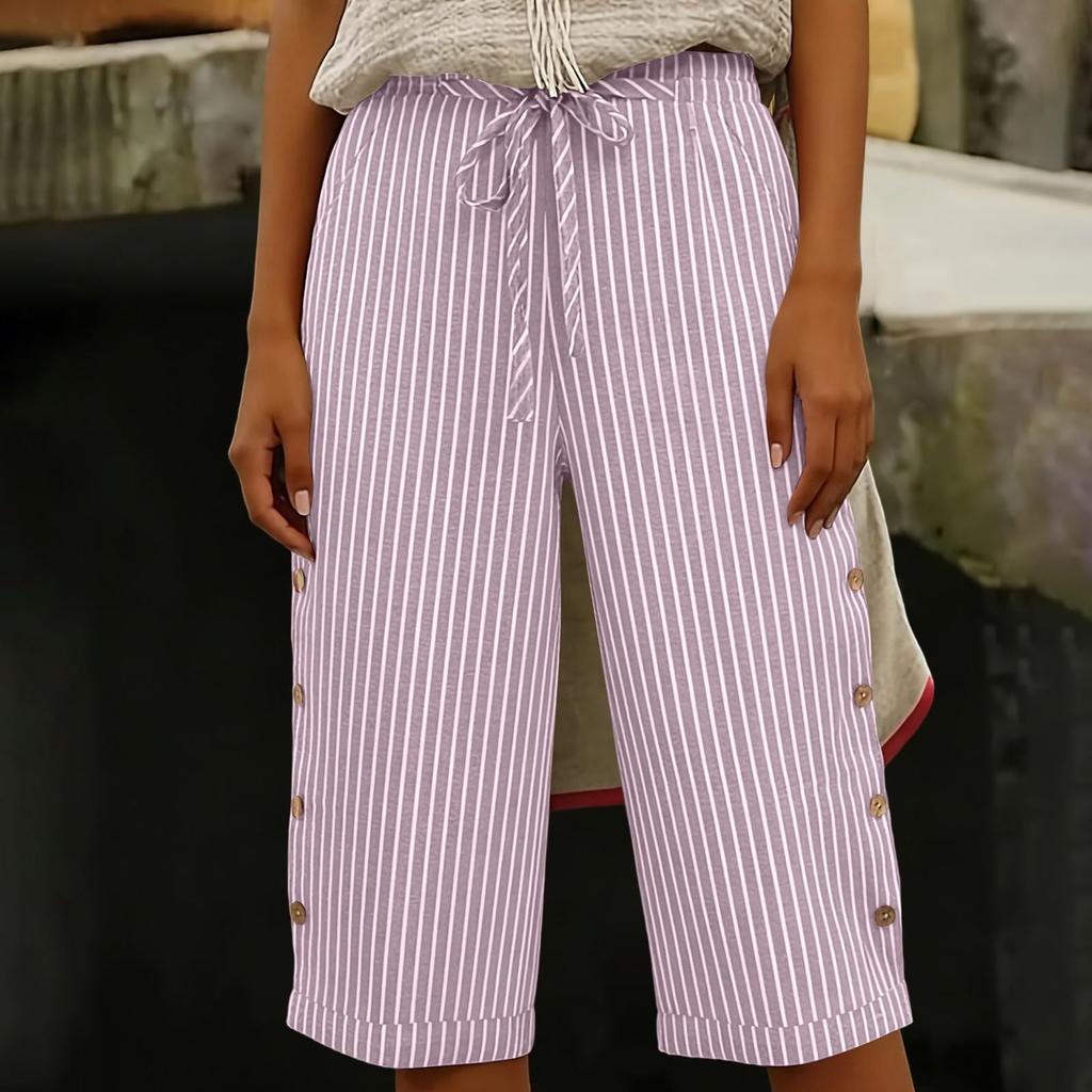 Dames Zomer Mode Gestreept Elastische Taille Vijfkwart Broek Casual Losse Zak Shorts