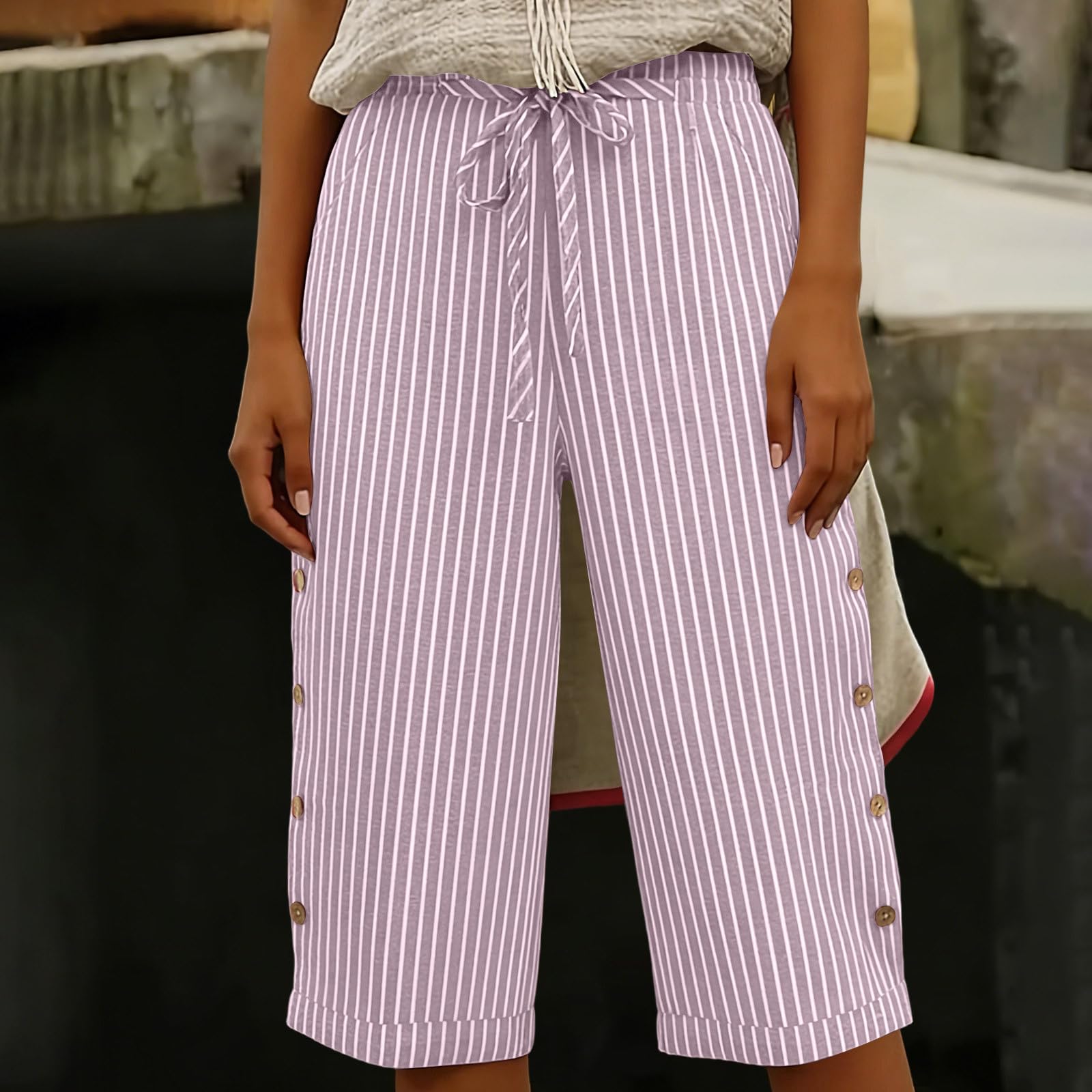 

Women Drawstring Waist Striped Wide Leg Cropped Pants with Button and Side Pockets for Casual Daily Wear S рожевий