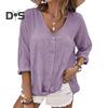 Damen Frühlingshemd V-Ausschnitt Knöpfe Einreihig Langarm Einfarbig Weich Atmungsaktiv Dame Vintage Lose Mittellanges Oberteil
