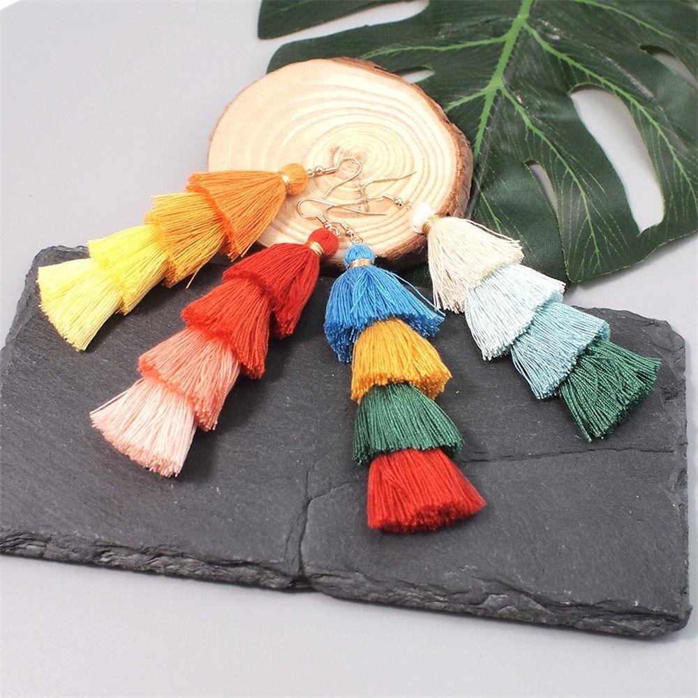 Gradient Ear Stud Silk Fabric Bohemian Long Tassel Earrings Multilayer Drop Dangle Drop Earrings