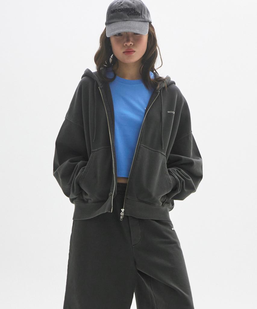 M.C Unisex, Felpa con cappuccio e zip tinta in pigmento con logo / Carbone