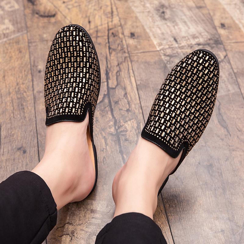 Fashion New Men's Charm Rhinestone Half Slippers Black Gold Shoes Male Casual Mules Moccasins Breathable Loafers Zapatos Hombre