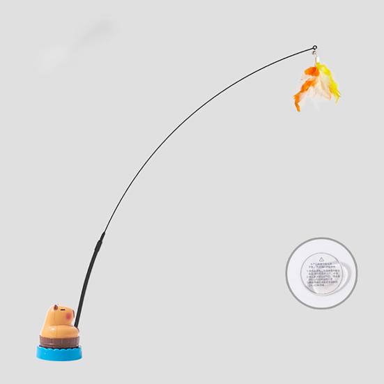 Interactive Cat Teaser Wand Cat Toy with Interchangeable Feathered Teaser Heads 360-Degree Rotating Capybara Base Flexible Cat Wand