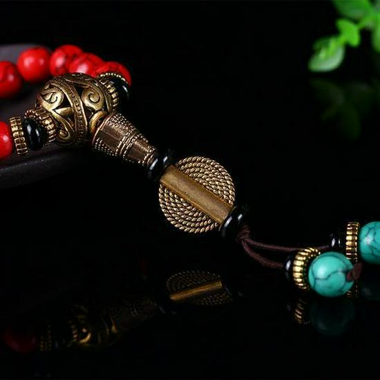 Original 108 Beads Ethnic Turquoise & Red Buddhist Mala Bracelet for Women