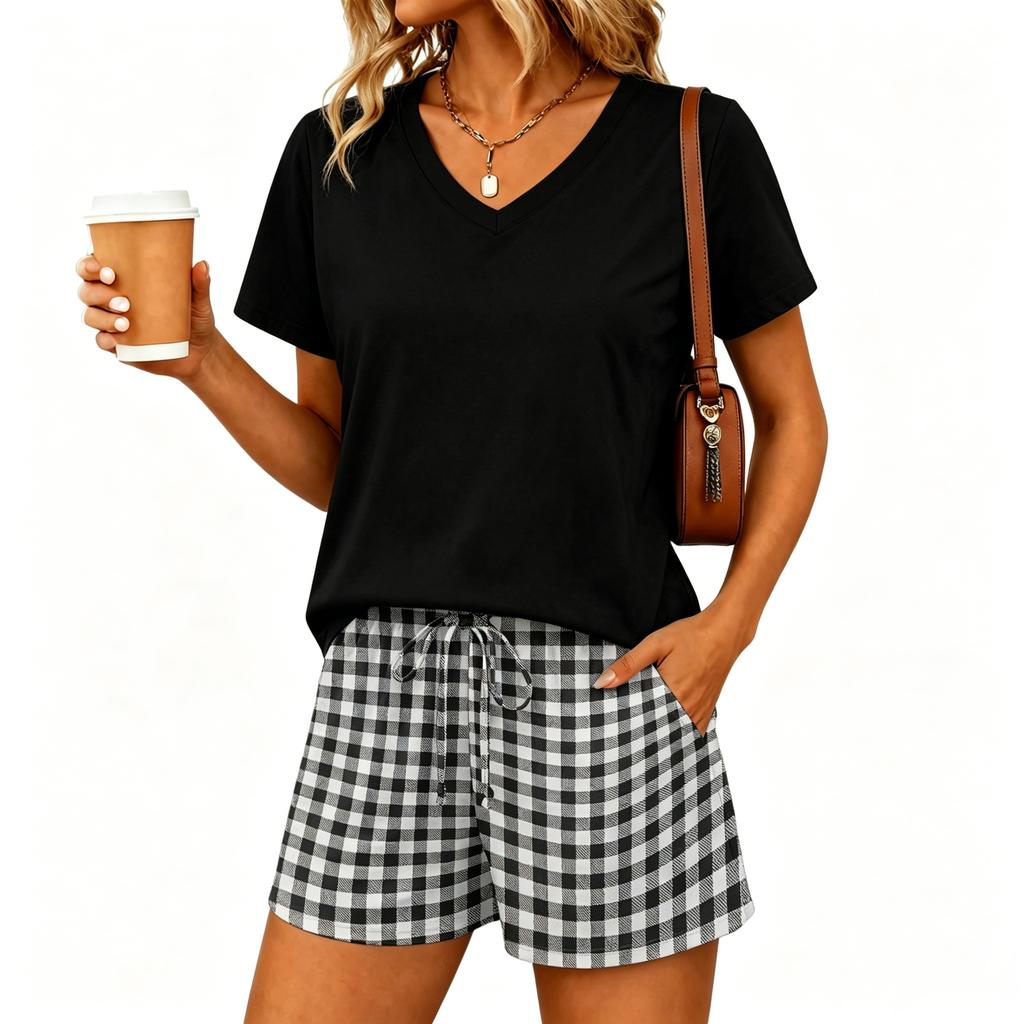 Women Two Piece Set V Neck Short Sleeve Top with Drawstring Waist Striped Shorts Casual Lounge Wear