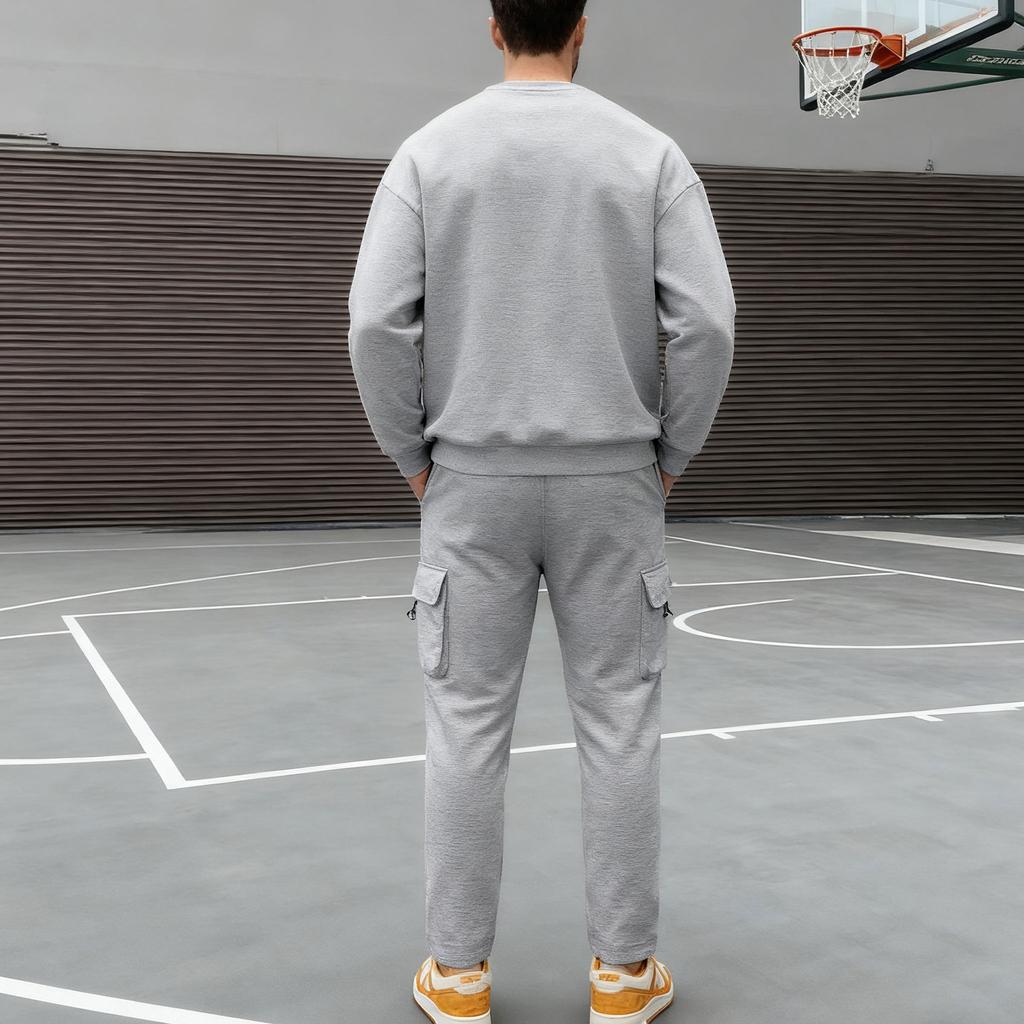 Men's Casual Sportswear Set Autumn/Winter Fleece-Lined Heavyweight Oversized Long-Sleeved Crew Neck Sweatshirt and Trousers Set