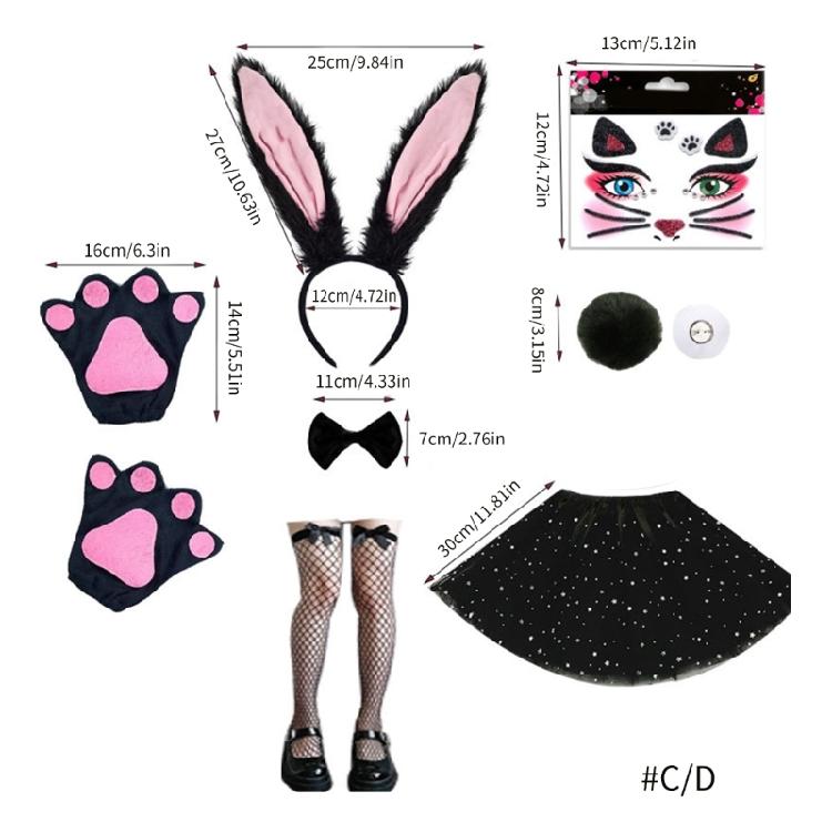 Women Girls Rabbit Ears Headband Collar Bowtie Cuff Bunnies Tail Easter Bunnies Costume Set for Halloween Cosplay Party