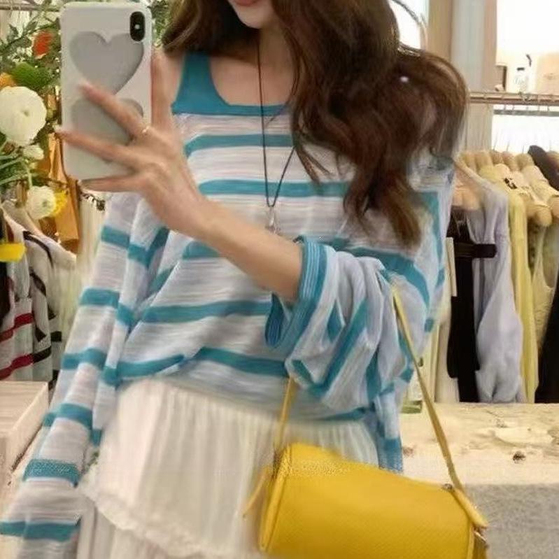 Korean-Style Striped Sun Protection Knit Top - Women's Fashionable Slimming Short Sleeve