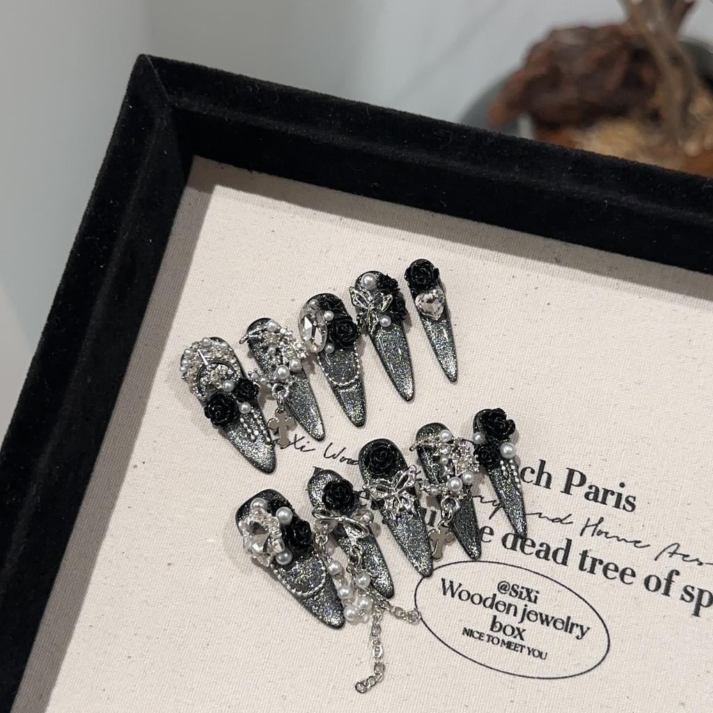 Quick Nails Handmade Wear Nail Pearl Camellia Fake Nails Black Drop Type Cat Eye Nail Art Light Therapy Nail Art Fake Nail Stickers Press On Nails