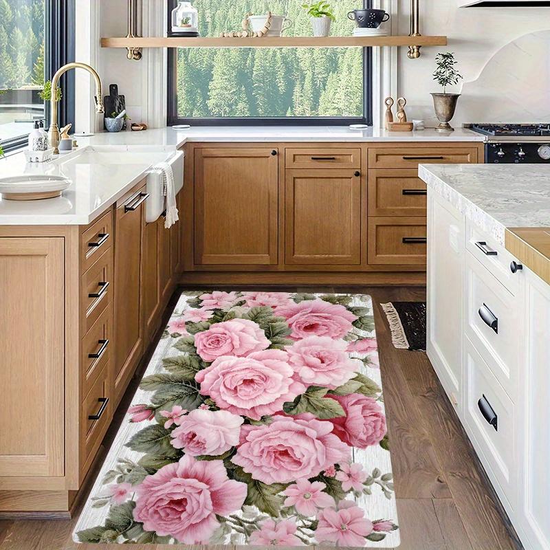 VIKAMA 1/2pc Valentine's Day Pink Rose Pattern Non-Slip Floor Mat, Suitable For Entrance, Bathroom, Kitchen And Home Decoration.