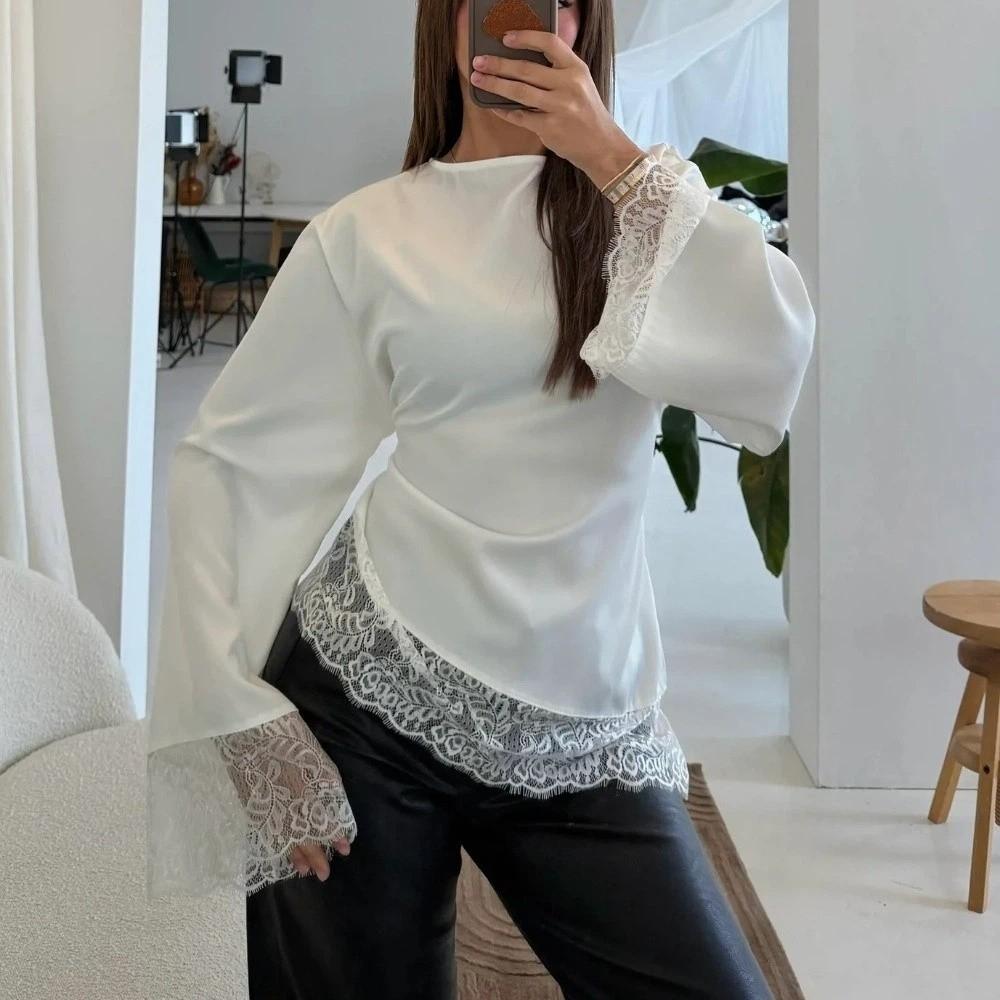 Satin Lace Patchwork Long Shirt Round Neck Slim Belted Blouse Women's Lace-up Tops  Office Ladies