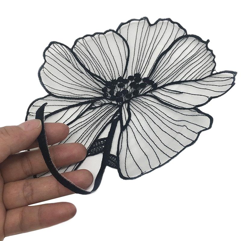 27 cm schwarze Lotusblumen-Stickereiflecken für Kleidung, zum Aufnähen auf Blumenparches, Stickerei-Spitzenapplikationen für Hemden