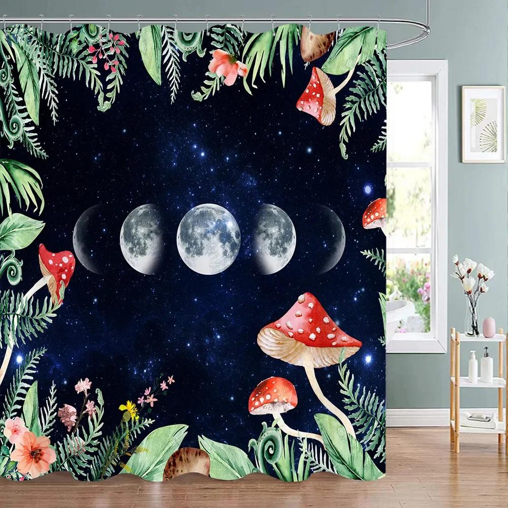 Mushroom Shower Curtain Retro Mushrooms Butterfly Floral Boho Moon Stars Botanical Wildflower Green Plant Aesthetic Bath Curtain