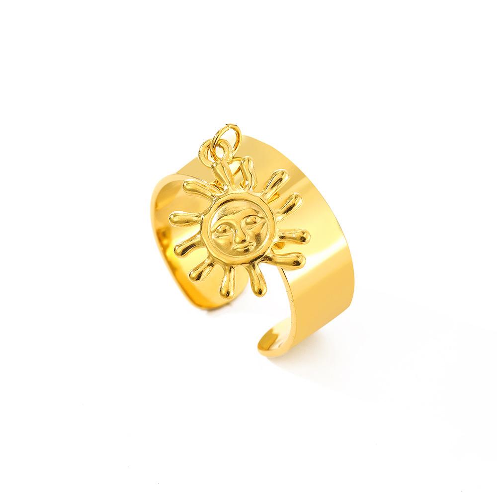Stainless Steel Smooth Wide Edge Rings for Women Men Punk Gold Color Sun Pendant Open Rings Female Hiphop Party Jewelry Gifts