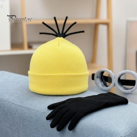 Photo Shoot Cosplay Props 3Pcs Halloween Costume Accessories, Yellow Knitted Hat Steampunk Goggles Warm Breathable Gloves Adults Party Set for