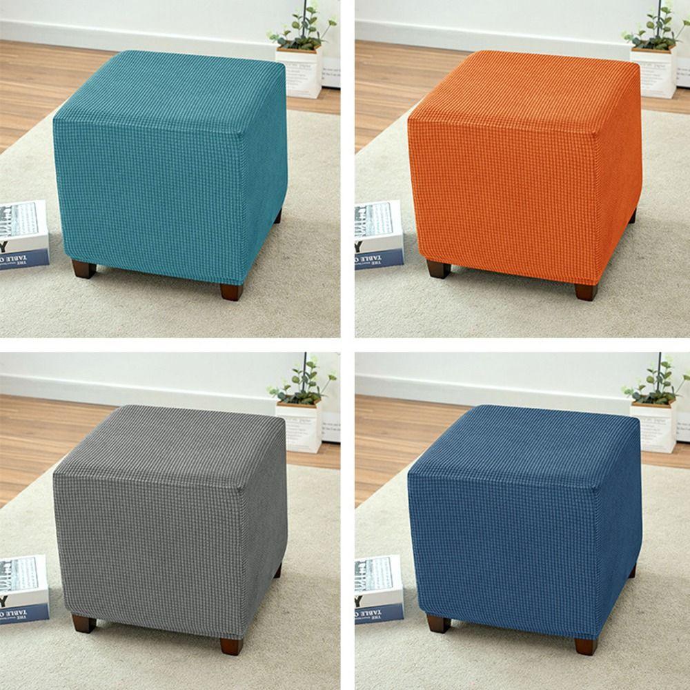 Durable Solid Color Jacquard Ottoman Cover Velvet Elastic Square Stool Cover T-Shape Soft Footrest Slipcover Living Room