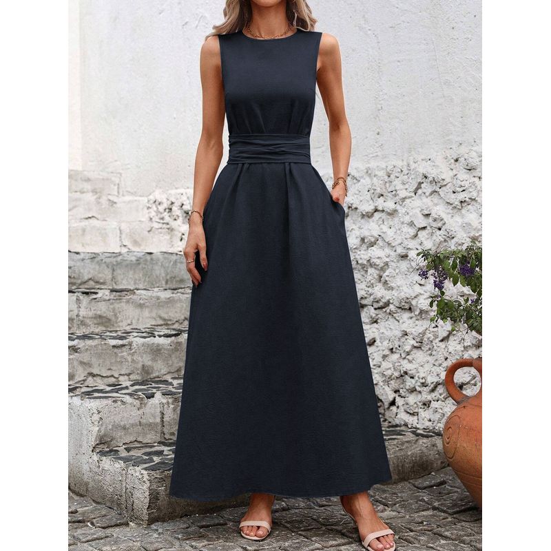 

Women Solid round Neck Elegant Casual Dress Temperament Lace-up Long Women clothes Navy L