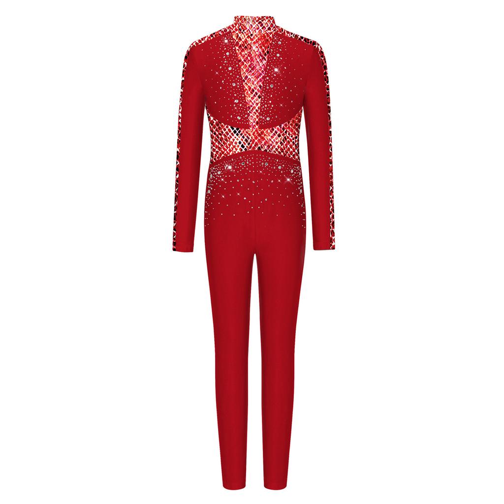 Leotard da Ballo da Bambina a Maniche Lunghe con Paillettes e Strass, Lucido, Full Body, Zip Invisibile Posteriore
