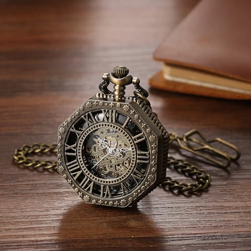 Antique Mechanical Pocket Watch with Hand-Wound Skeleton: Octagonal Roman Analogue Pocket Watch with Retro Pendant and Brown Chain - Perfect Gift for
