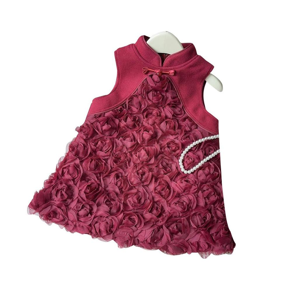 New Winter Rose Cheongsam Hanfu Sleeveless Dress for Baby Girls - Style AWB005