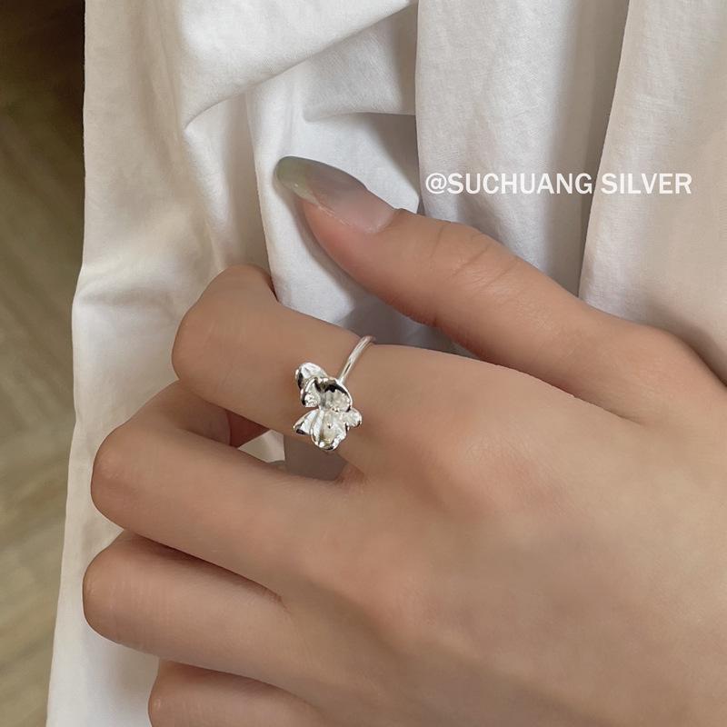 Su Chuang S925 Sterling Silver Adjustable Flower Ring for Women - Sweet, Luxurious, Minimalist Style