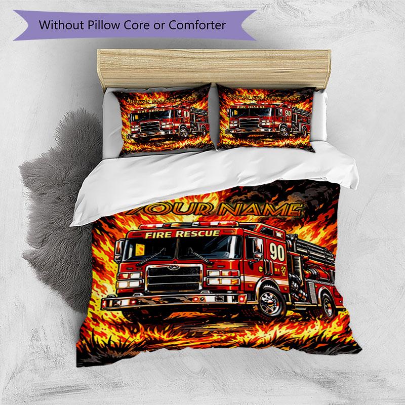 3PC Custom Name Fire Truck Flames Bedding Set Duvet Cover Closure Includes 1 Duvet Cover & 2 Pillowcases for Bedroom