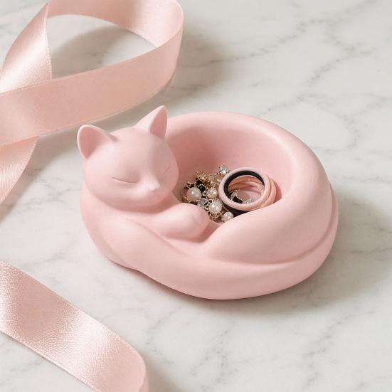 3D Printed Curled Sleeping Cat Planter Multi-Functional Figurine with Bowl-Holding & Ring Tail