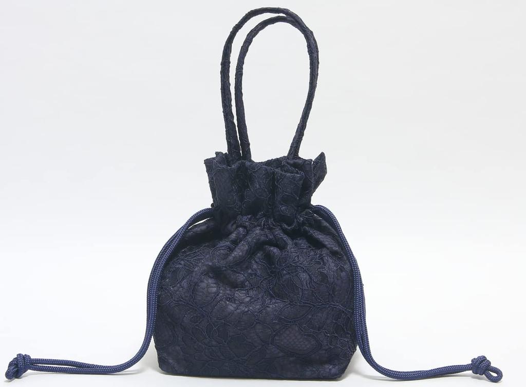 Hasegawa Lace Drawstring Bag with Handle, for Kimono and Yukata, Made In Japan (Navy)