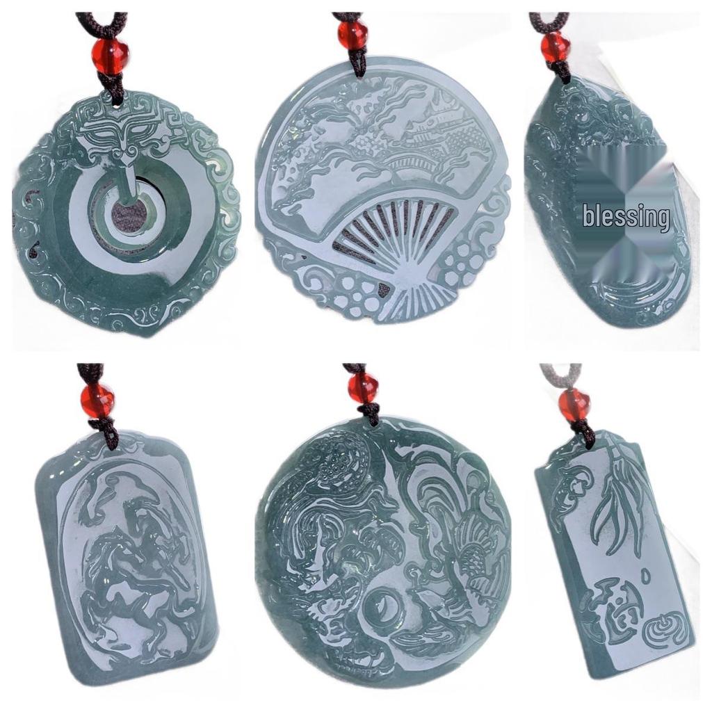 Naturalny Jadeit Klasy A Niebieska Woda Karta Błogosławieństwa Wielu Tematów Wachlarz Wisiorek