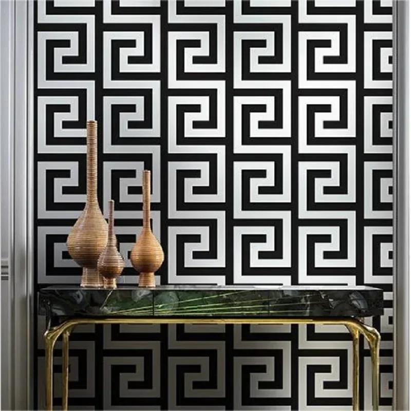 3D Geometric Wall Papers Black Luxury Satin Greek Key Wallpaper Home Decor Non-Self adhesive Wallpaper for Living Room Bedroom
