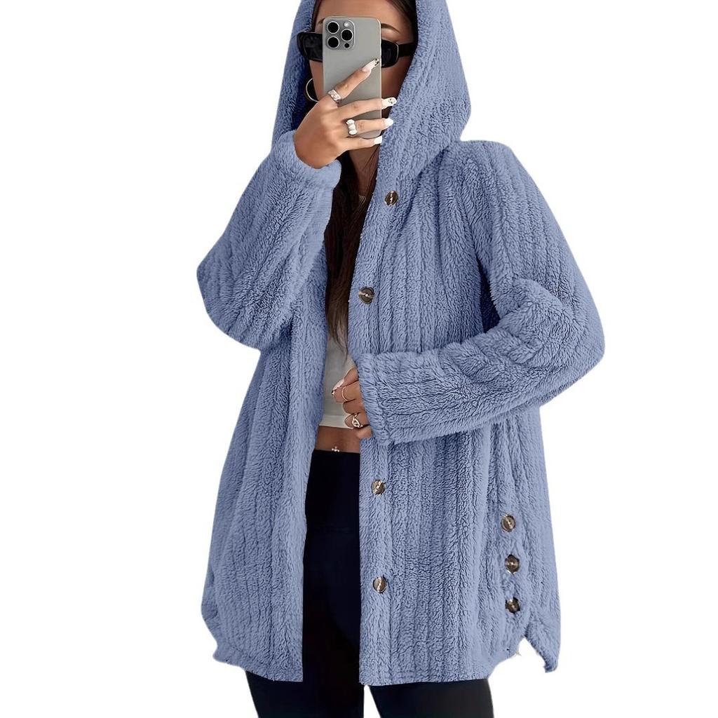 Autumn and Winter Solid Color Long Sleeved Textured Button Hooded Loose Plush Women's Coats