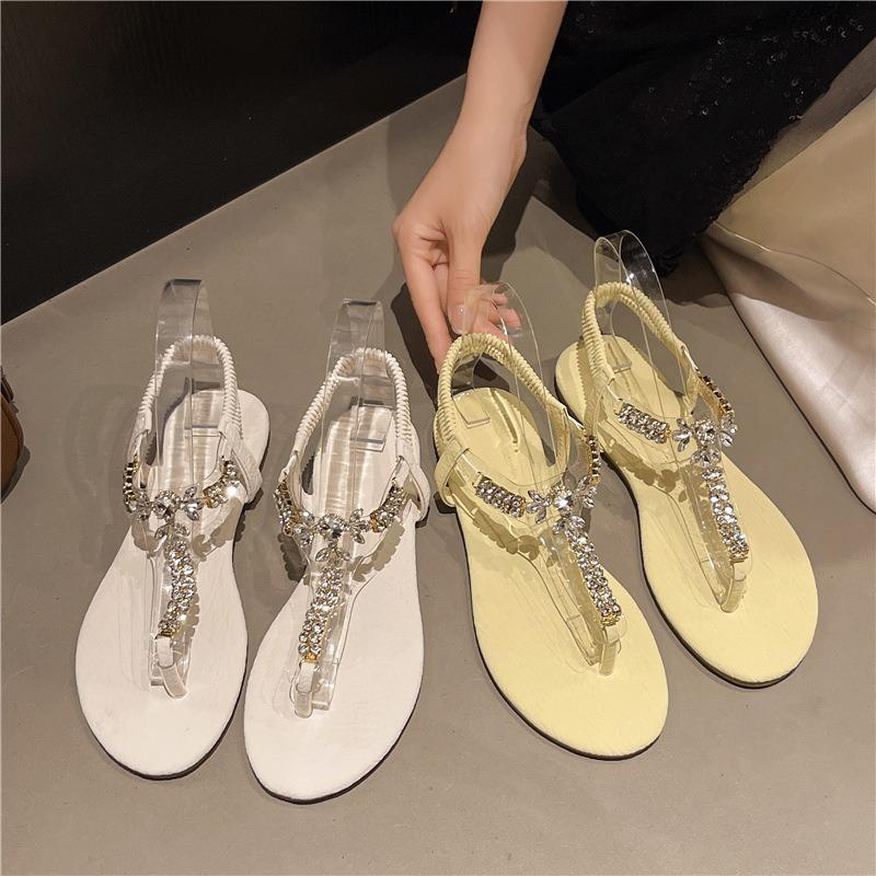 Fashion Fashion Women Sandals Summer Pinch Toe Casual Flat Sandals Luxury Rhinestone Fairy Style Sandals for Women Roman Beach Sandalias