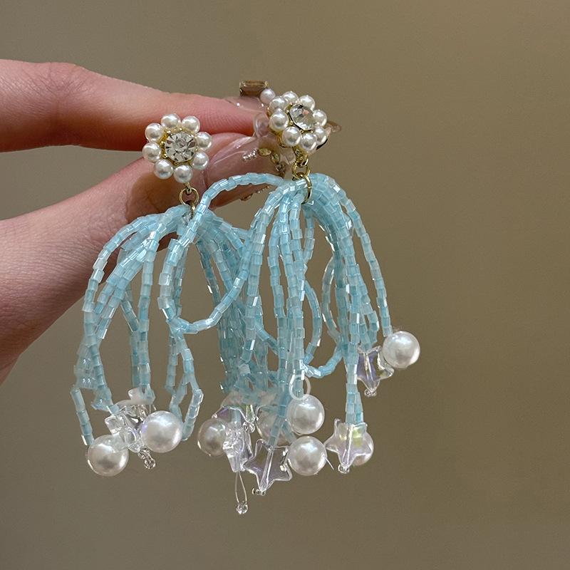 Diamond-set pearl bow star earrings light luxury high-end personalized earrings fresh temperament fringed earrings