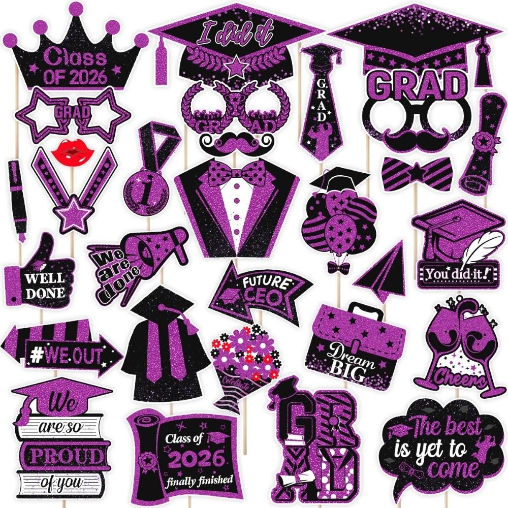 30Pcs/Set Black Golden 2026 Graduation Photo Booth Props With Sticks Pose Sign 2026 Graduation Decorations DIY Dress Up
