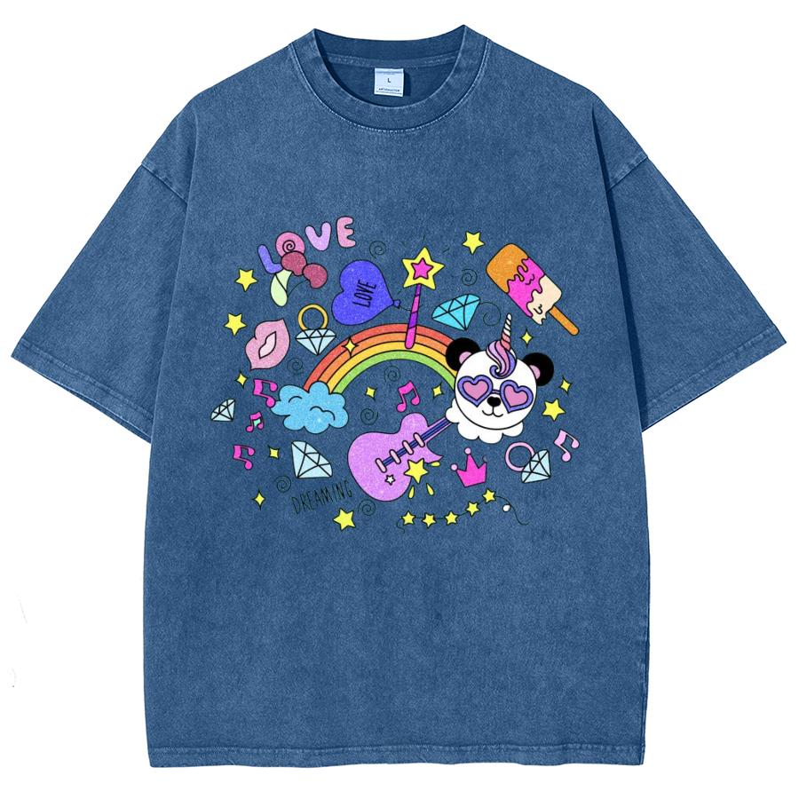 Cartoon Cute Elements Women's T-Shirt Oversized Loose Retro Wash Short Sleeve Unisex Casual Basic Simple Top