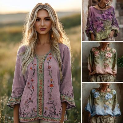 Dames Tops Ronde Hals Lange Mouwen Losse Pasvorm Pullover Tops 3D Bloemenpatroon