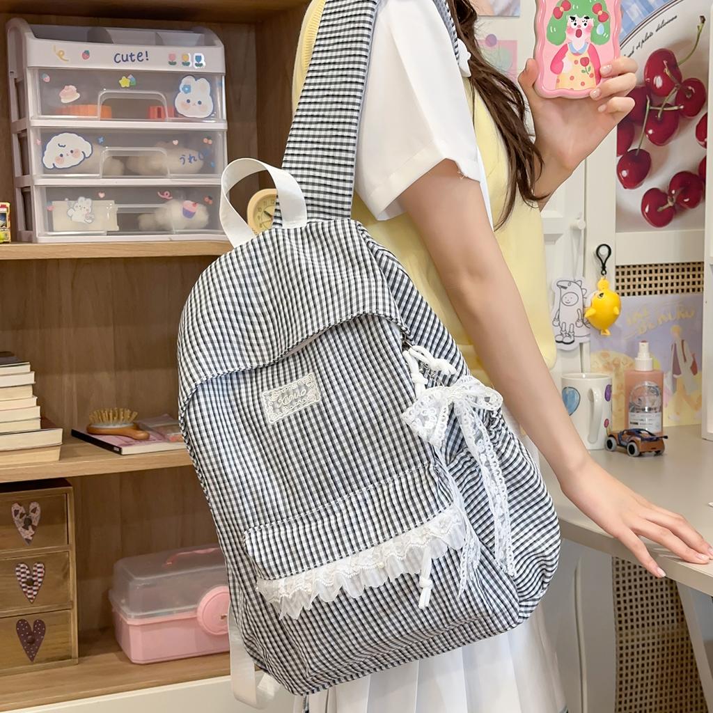 Schoolbag Milk Huhu Plaid Lace Backpack Girl Heart Travel Small Backpack Japanese Sweet Wind Student Party School Bag