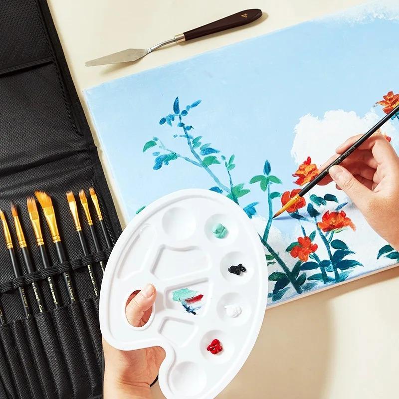15pcs Nylon Paint Brush Set Portable Pen Curtain Canvas Bag Easy Carry for Acrylic Gouache Watercolor Oil Painting Color Mixing