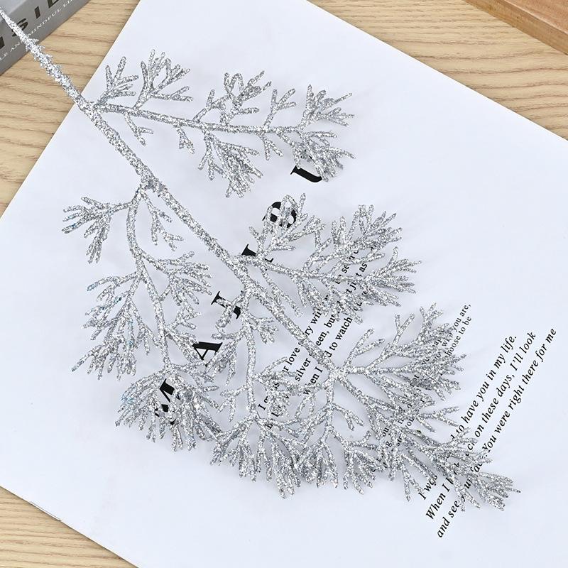 Christmas simulation gold powder pine branch simulation flower green plant glitter powder colorful cypress leaf gold powder branch accessories