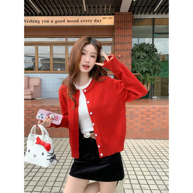 Red White Knitted Cardigan, Long-sleeved Top, Autumn and Winter New Loose Feeling, Sweater Jacket Inside, Women