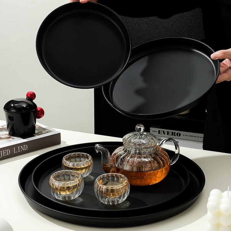 Chinese Black Tray Round Plastic Fruit Tray Tea Room Water Cup Tea Tray Snack Tray Afternoon Tea Dessert Tray
