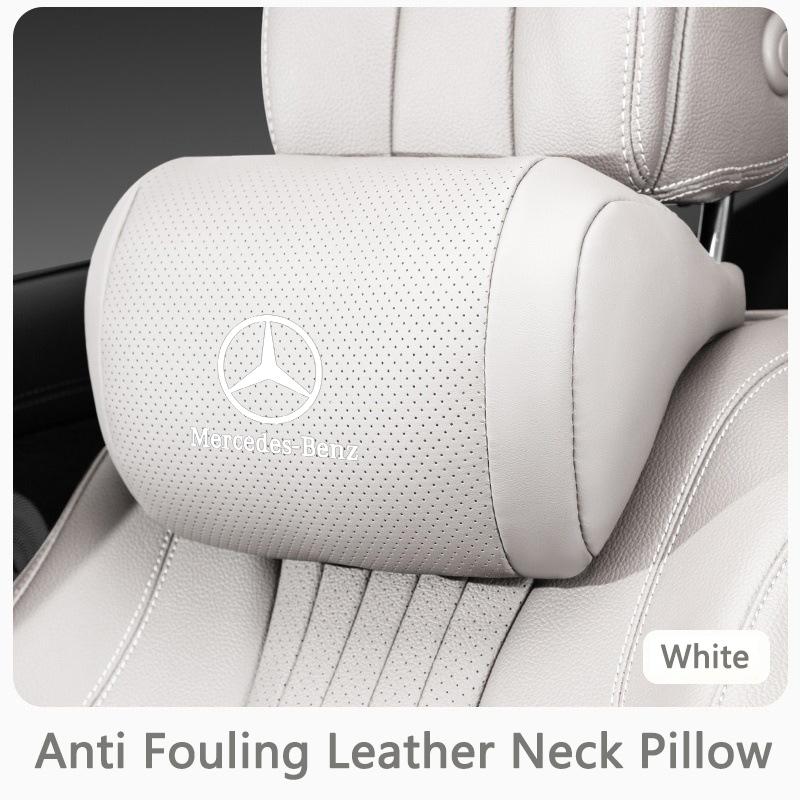 PZQ2 Napa Leather Car Headrest Auto Logo Seat Neck Pillow Head Support Breathable For Mercedes Benz AMG W205 W168 W213 W210 W222 CLK