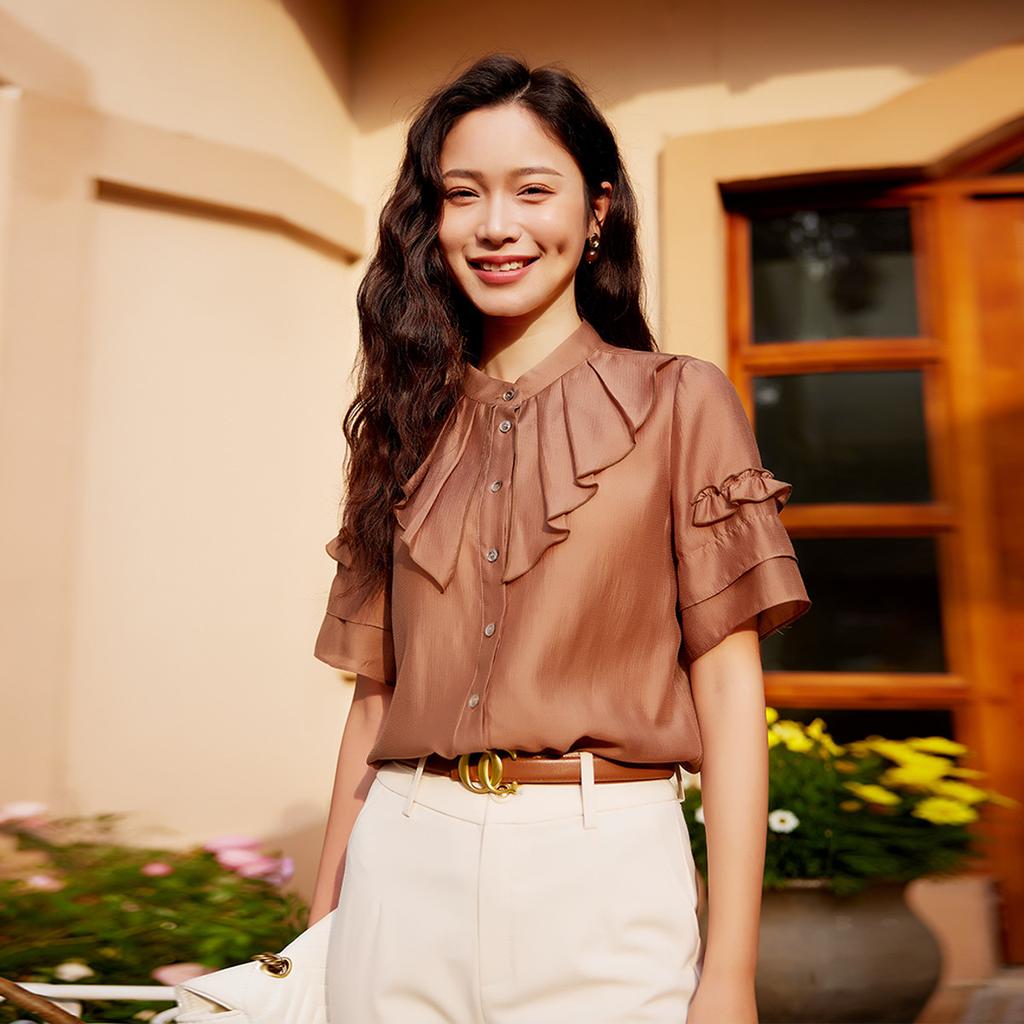 [Shirt] Summer solid color temperament commuting elegant slimming women's short-sleeved top