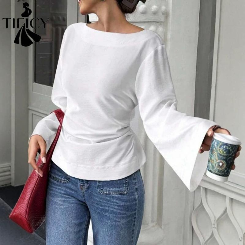 TIFICY Women's Fashion Casual Spring Autumn Solid Color Print Long Sleeve One shoulder Blouses & Shirts
