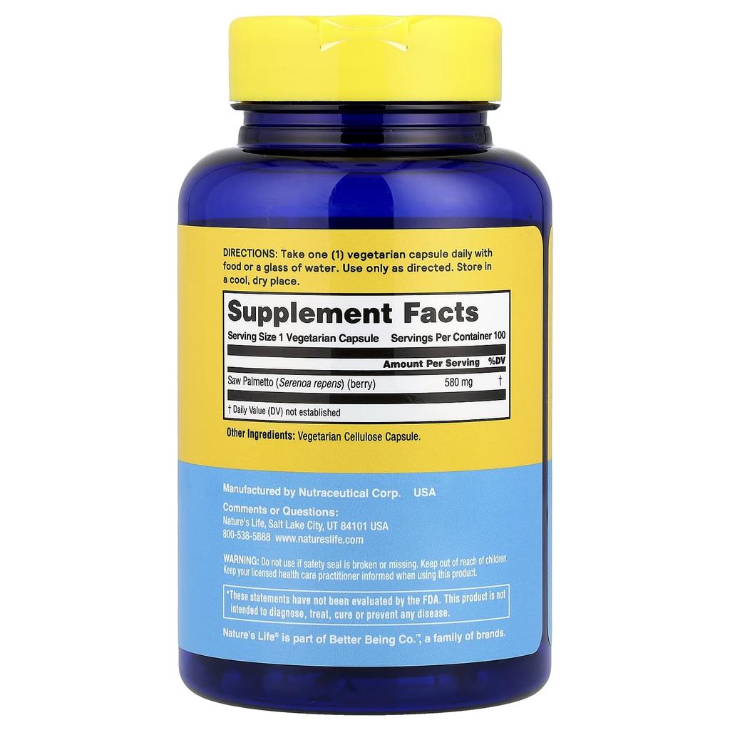 Nature'S Life, Saw Palmetto, 580Mg, 100 Capsules