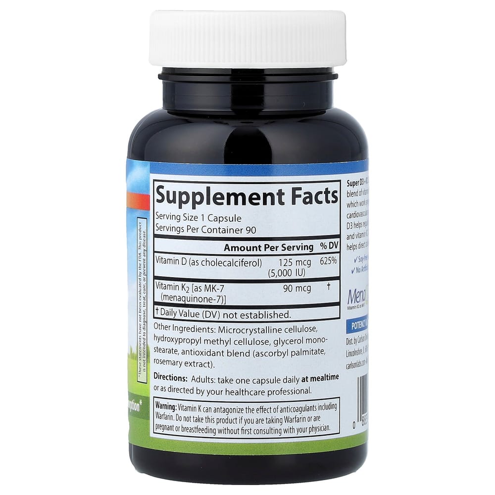 Carlson Labs Super D3 + K2 Veggie Capsules, 90 Count