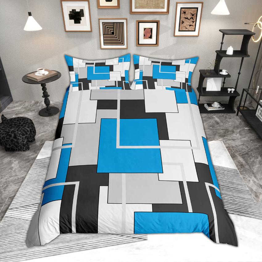Homewish Modern Geometric Duvet Cover Set, Aesthetic Square Plaid Bedding, Abstract Minimalist Quilt Cover Set